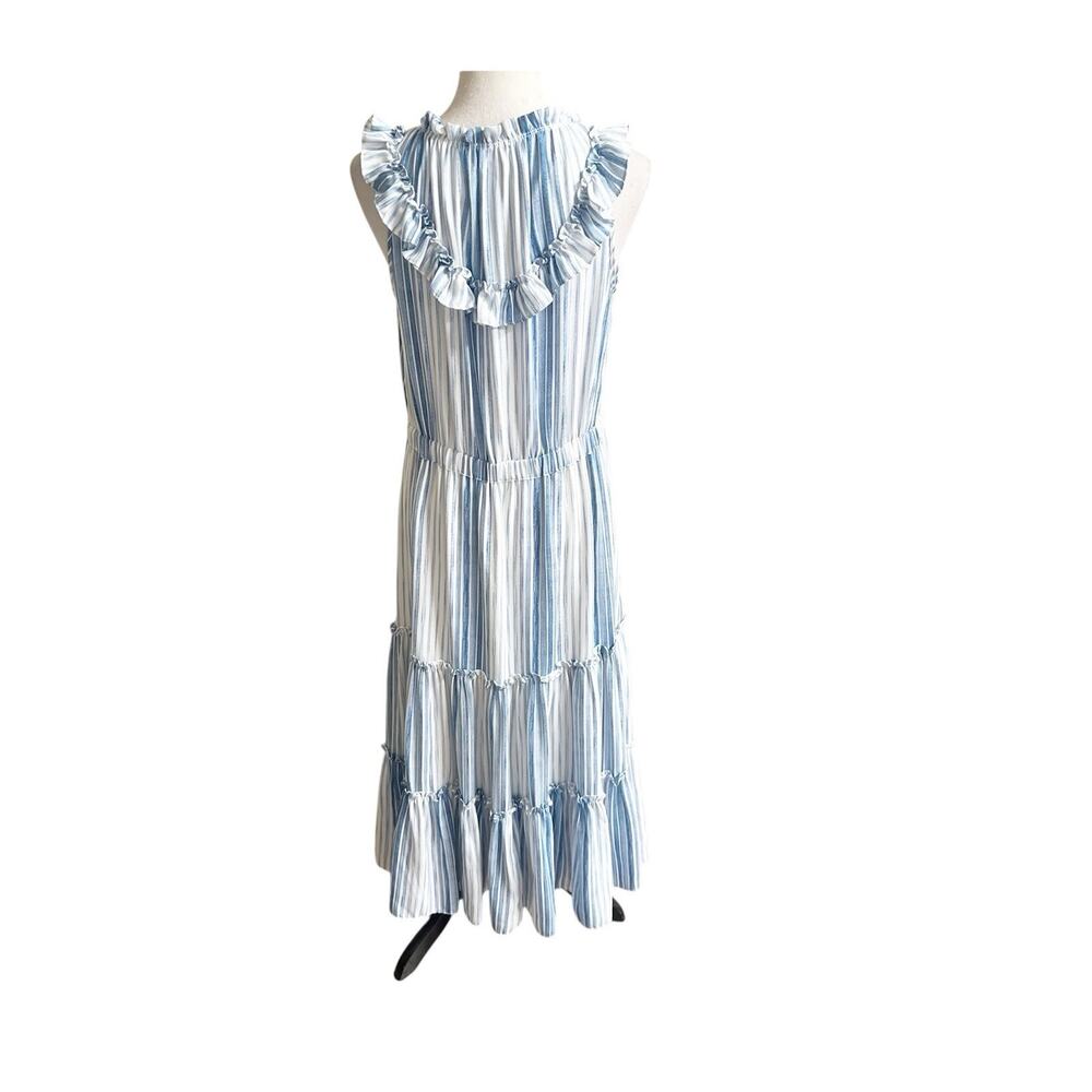 MISA Los Angeles Medium Aleja Stripe Print Linen Midi Dress White Blue Tassel - Picture 3 of 9